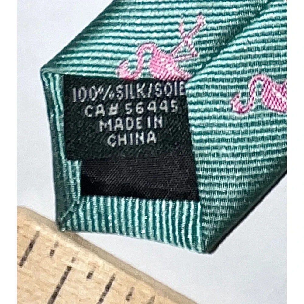 J.Crew Mens Silk Tie Green Pink Flamingo Animal Print Skinny Necktie Accessory